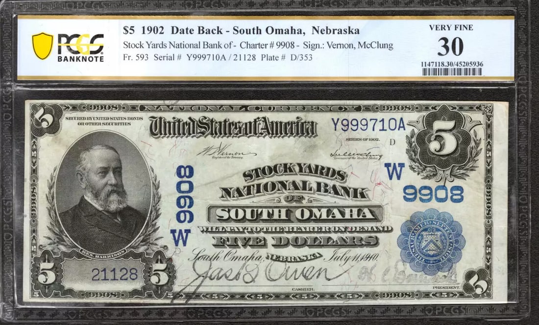 National Banknote Stockyards Omaha Nebraska 30 PCGS 1902 VF Currency 5: National Banknote Stockyards Omaha Nebraska 30 PCGS 1902 VF Currency 5 The National Banknote Stockyards Omaha Nebraska 30 PCGS 1902 VF $5 features a circulated condition, bearing the signature of an a