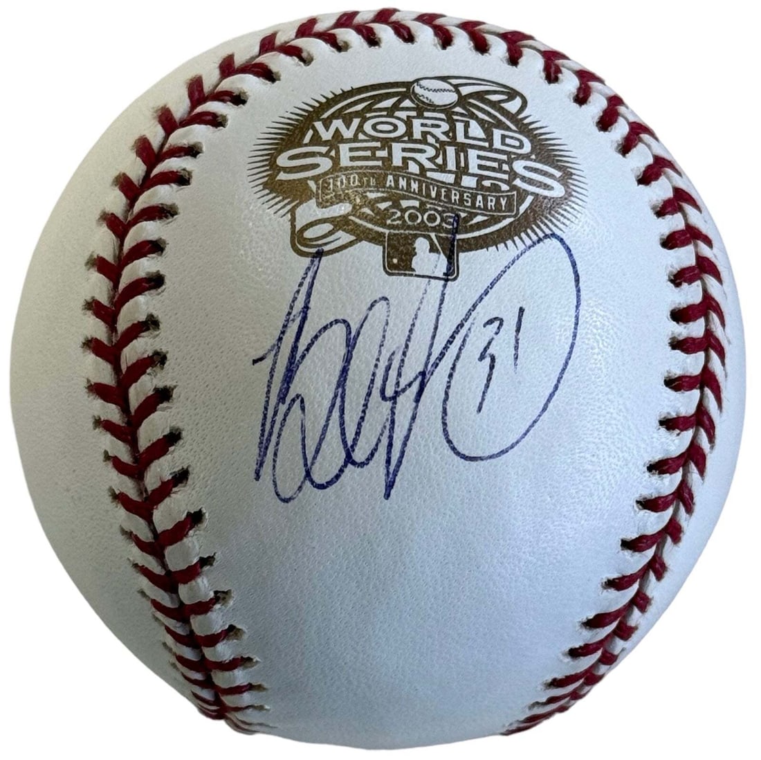 Brad Penny Autographed 2003 Official World Series Baseball (Beckett): Brad Penny Autographed 2003 Official World Series Baseball (Beckett) Signed in blue pen across the side panel of an official 2003 World Series baseball, Brad Penny's mark adds a unique touch to this r