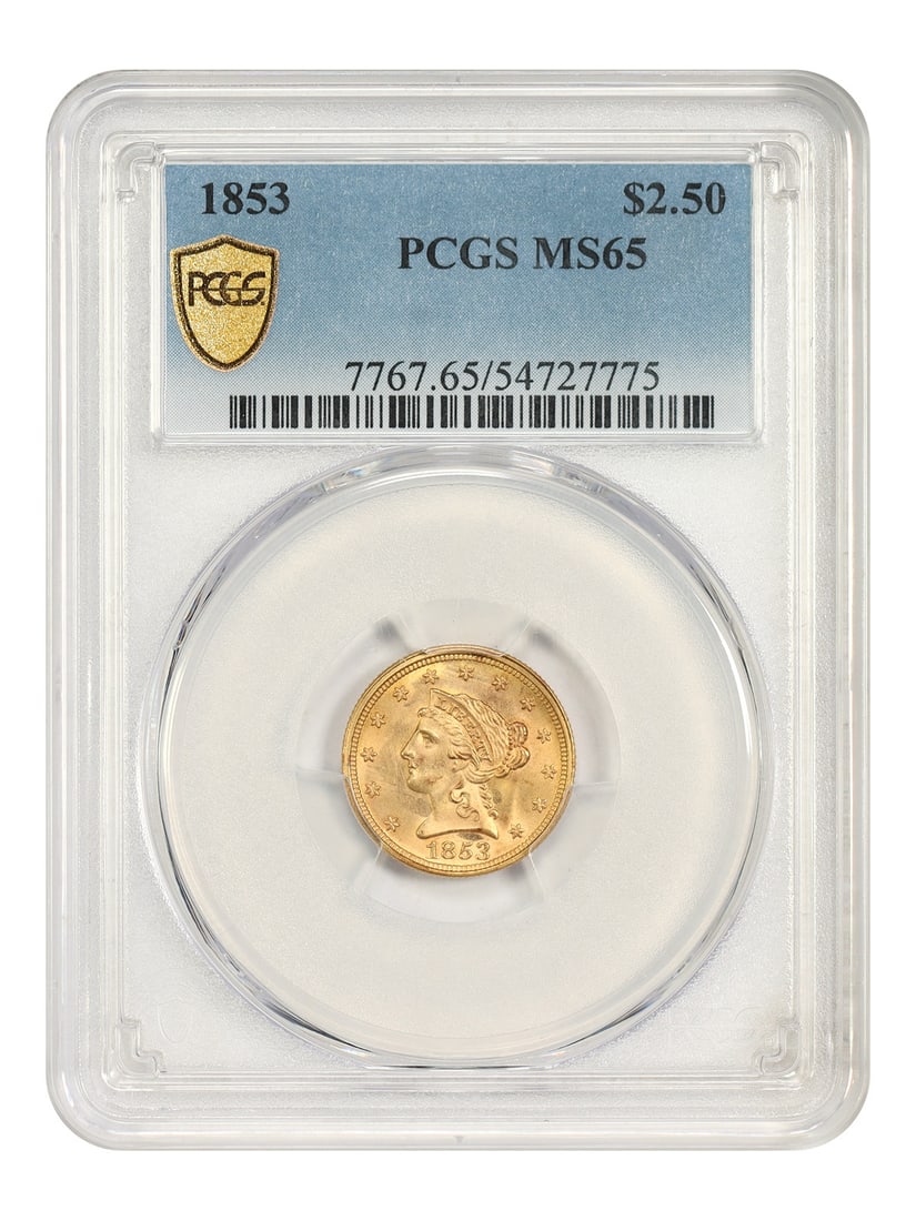 $2.50 MS65 Liberty Head PCGS 1853: $2.50 MS65 Liberty Head PCGS 1853 MS65 Liberty Head PCGS 1853 $2.50 Coin - Uncirculated Certification from PCGS, showcasing its high grade and mint condition. This coin features the iconic Liberty Hea