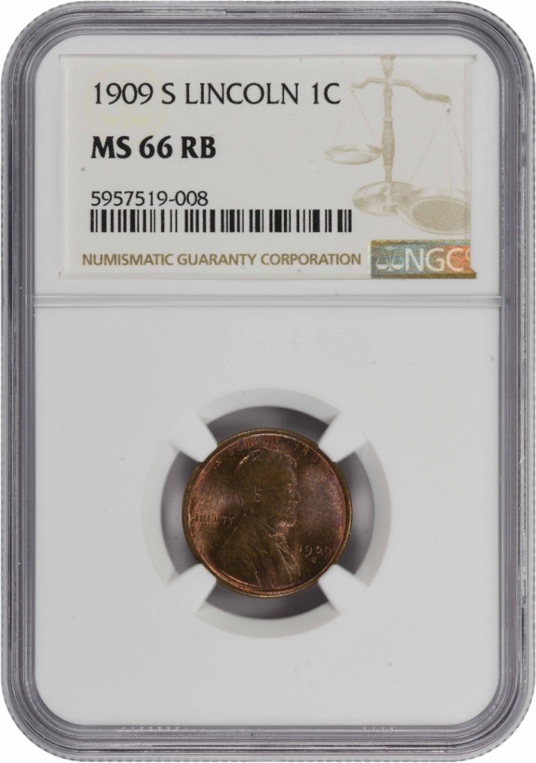 1909-S Lincoln Cent MS66RB NGC: 1909-S Lincoln Cent MS66RB NGC The 1909-S Lincoln Cent MS66RB NGC features a high level of detail and luster, with a rich brown coloration that showcases its well-preserved condition. Certified by the