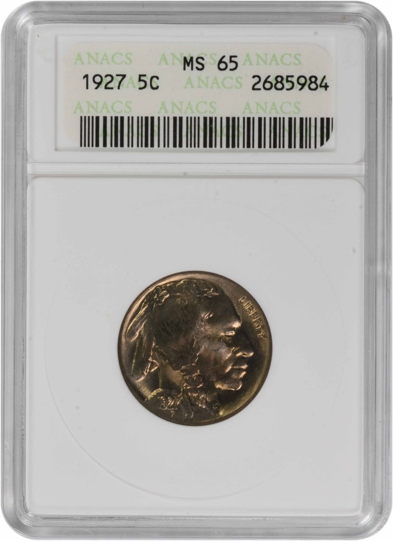 Buffalo Nickel MS65 by ANACS: Buffalo Nickel MS65 by ANACS The Buffalo Nickel MS65 by ANACS is a highly graded, uncirculated coin from the 1927 Philadelphia mint. With its striking design and exceptional condition, this coin showc