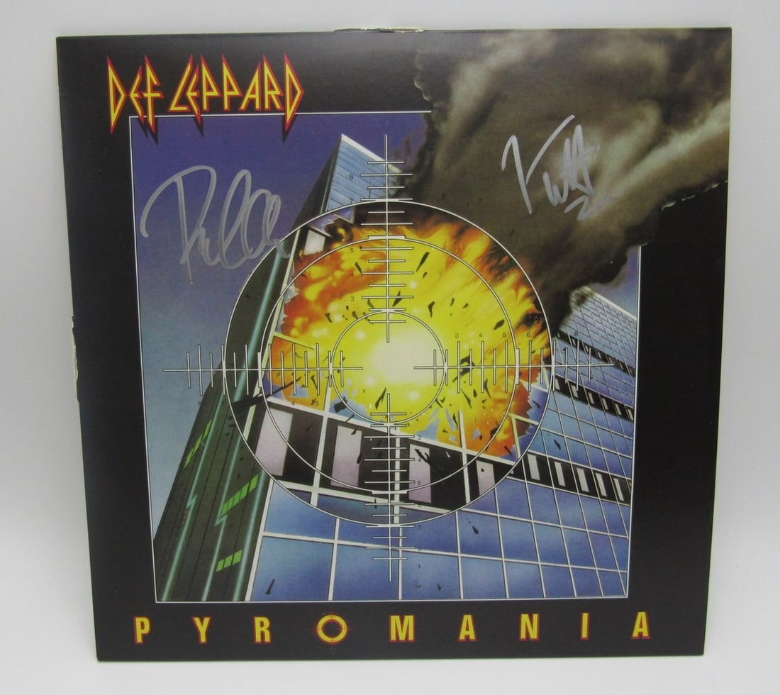 Joe Elliott/ Phil Collen Dual-Signed/ Auto Def Leppard Pyromania Album JSA 208900: Joe Elliott/ Phil Collen Dual-Signed/ Auto Def Leppard Pyromania Album JSA 208900 Dual-signed by Joe Elliott and Phil Collen, this rare Def Leppard Pyromania album features an authentic JSA