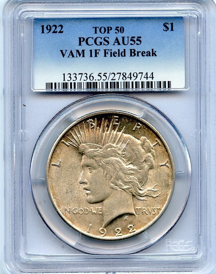 C4965 1922 Vam-1f Field Break Top 50 Peace Dollar Pcgs Au55: C4965 1922 Vam-1f Field Break Top 50 Peace Dollar Pcgs Au55 The 1922 Vam-1f Field Break Top 50 Peace Dollar, graded AU55 by PCGS, showcases its circulated condition with subtle wear. A notable