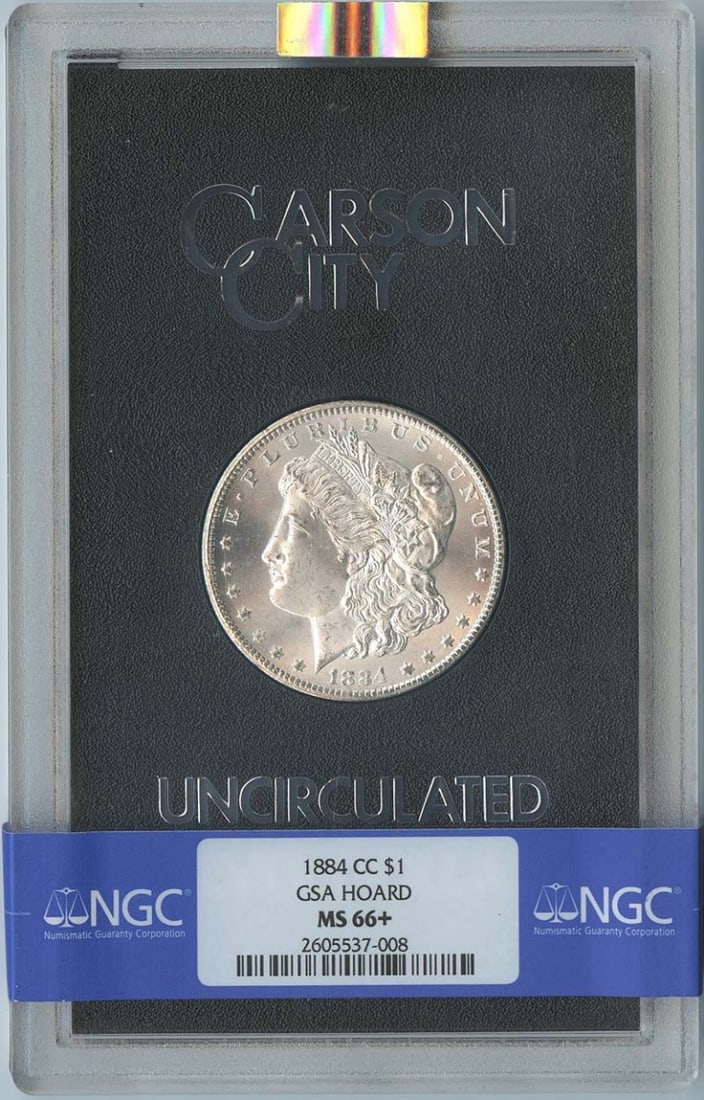 1884-CC Morgan Dollar GSA HOARD S$1 NGC MS66+: 1884-CC Morgan Dollar GSA HOARD S$1 NGC MS66+ The 1884-CC Morgan Dollar is an uncirculated coin with a high grade of MS66+, certified by the Numismatic Guaranty Corporation (NGC). This coin was minted