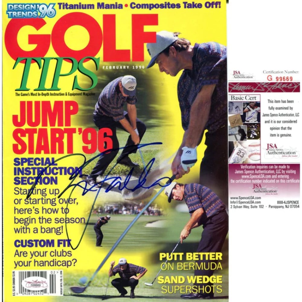 Golf Tips Autographed By Nick Faldo: Golf Tips Autographed By Nick Faldo Nick Faldo's personal touch adds value to this autographed Golf Tips magazine, featuring his insights and expertise in the world of golf. The magazine bears a blue
