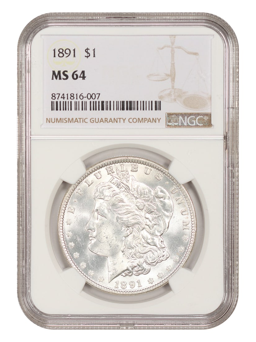 $1 1891 NGC MS64 Morgan Dollar: $1 1891 NGC MS64 Morgan Dollar The 1891 NGC MS64 Morgan Dollar features a high level of detail and luster, with its rich silver tone and well-defined design elements. Certified by the Numismatic Guara
