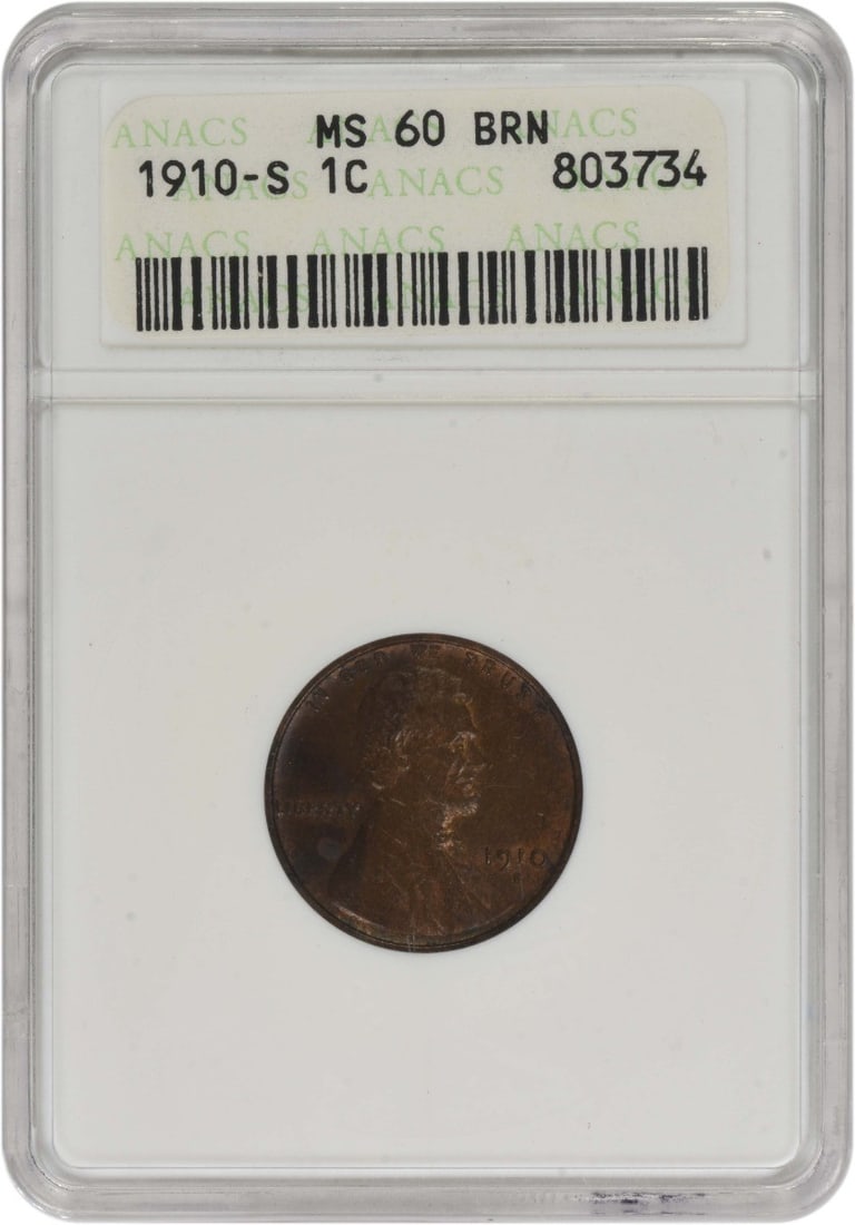 1910-S Lincoln Cent MS60BN ANACS: 1910-S Lincoln Cent MS60BN ANACS The 1910-S Lincoln Cent MS60BN ANACS is a circulated example of the iconic Small Cent Coin, featuring a Wheat design and made from copper. Certified by the ANACS organ