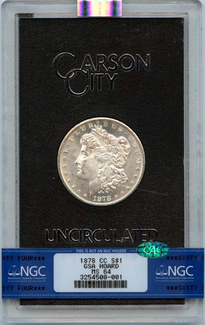 1878-CC Morgan Dollar GSA HOARD S$1 NGC MS64 (CAC): 1878-CC Morgan Dollar GSA HOARD S$1 NGC MS64 (CAC) 1878-CC Morgan Dollar GSA HOARD S$1 NGC MS64 (CAC) - A highly graded and certified Morgan Dollar from the Carson City mint, featuring a strong NGC MS