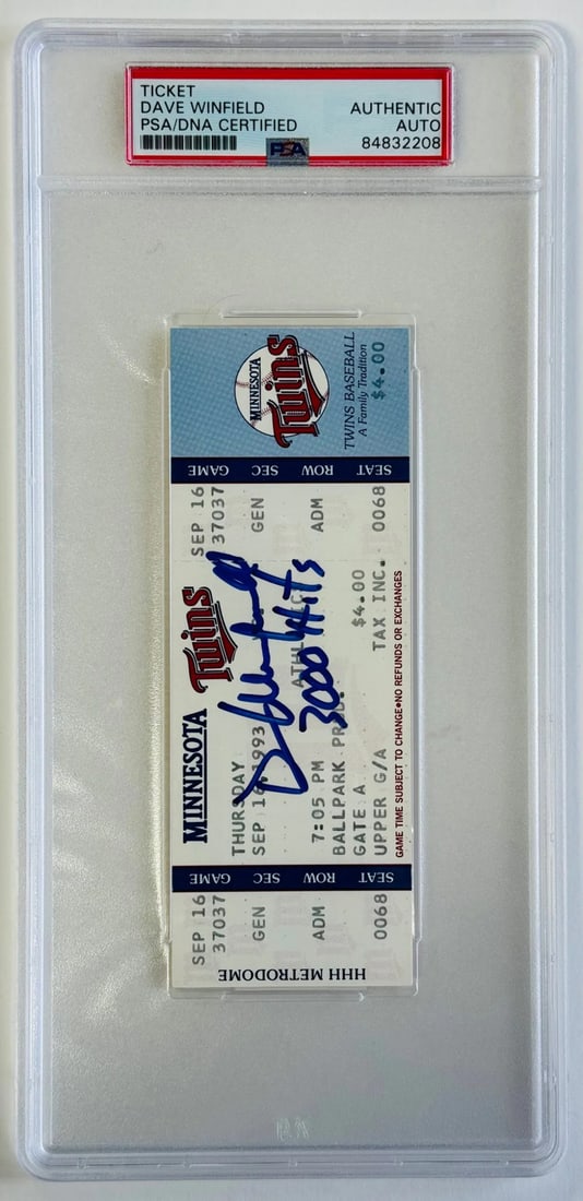 Dave Winfield Signed 3000th Career Hit Ticket Sept 16 1993 (PSA) Authentic Auto: Dave Winfield Signed 3000th Career Hit Ticket Sept 16 1993 (PSA) Authentic Auto Signed in blue sharpie with inscription "3000 Hits" by Dave Winfield, the legendary baseball player, on his 3000th caree