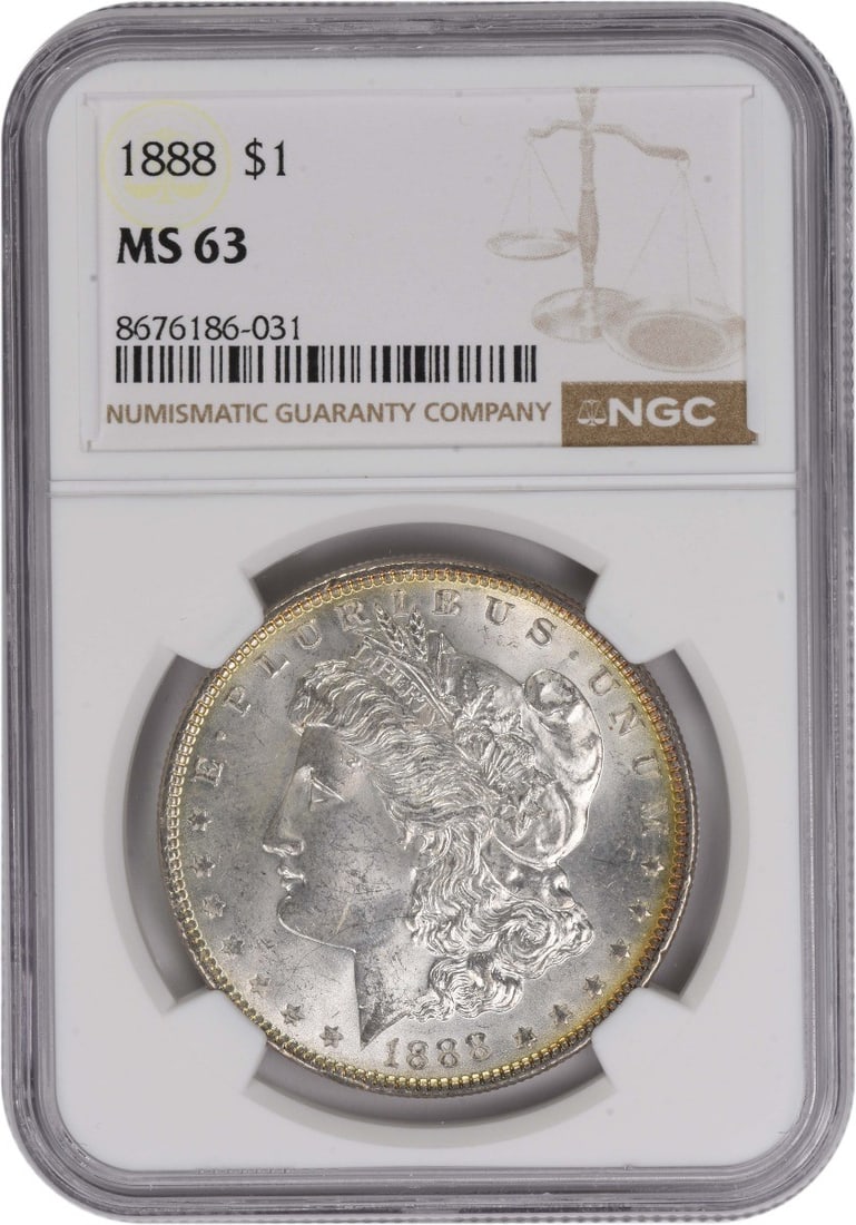 Morgan Silver Dollar MS63 NGC 1888: Morgan Silver Dollar MS63 NGC 1888 MS63 Morgan Silver Dollar from 1888, certified by the NGC and graded Uncirculated. This coin features George T. Morgan's iconic design and is made of 90% silver and 