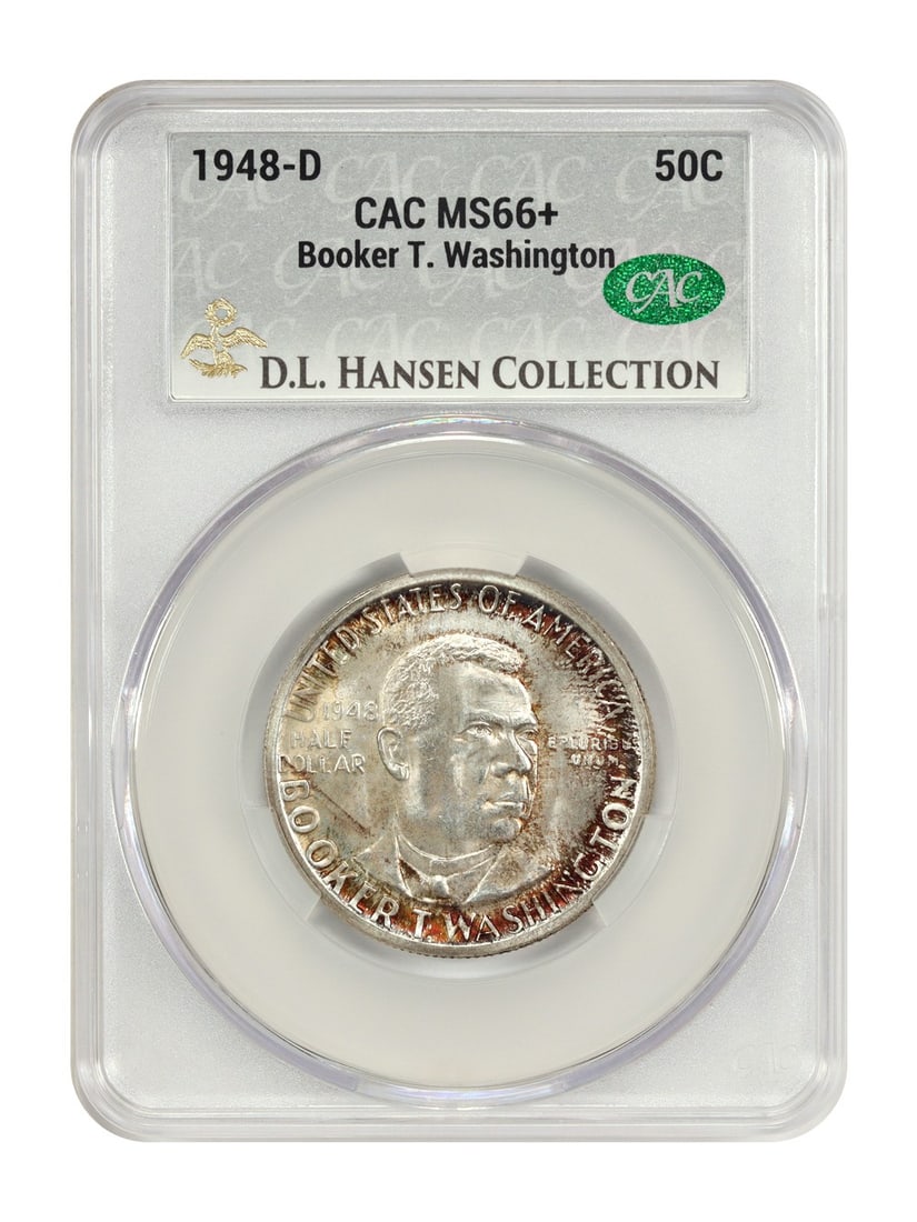 Booker T. Washington 1948-D 50C CACG MS66+ ex D L Hansen: Booker T. Washington 1948-D 50C CACG MS66+ ex D L Hansen The Booker T. Washington 1948-D 50C CACG MS66+ ex D L Hansen features a high-grade circulated uncirculated condition, boasting an exceptional M