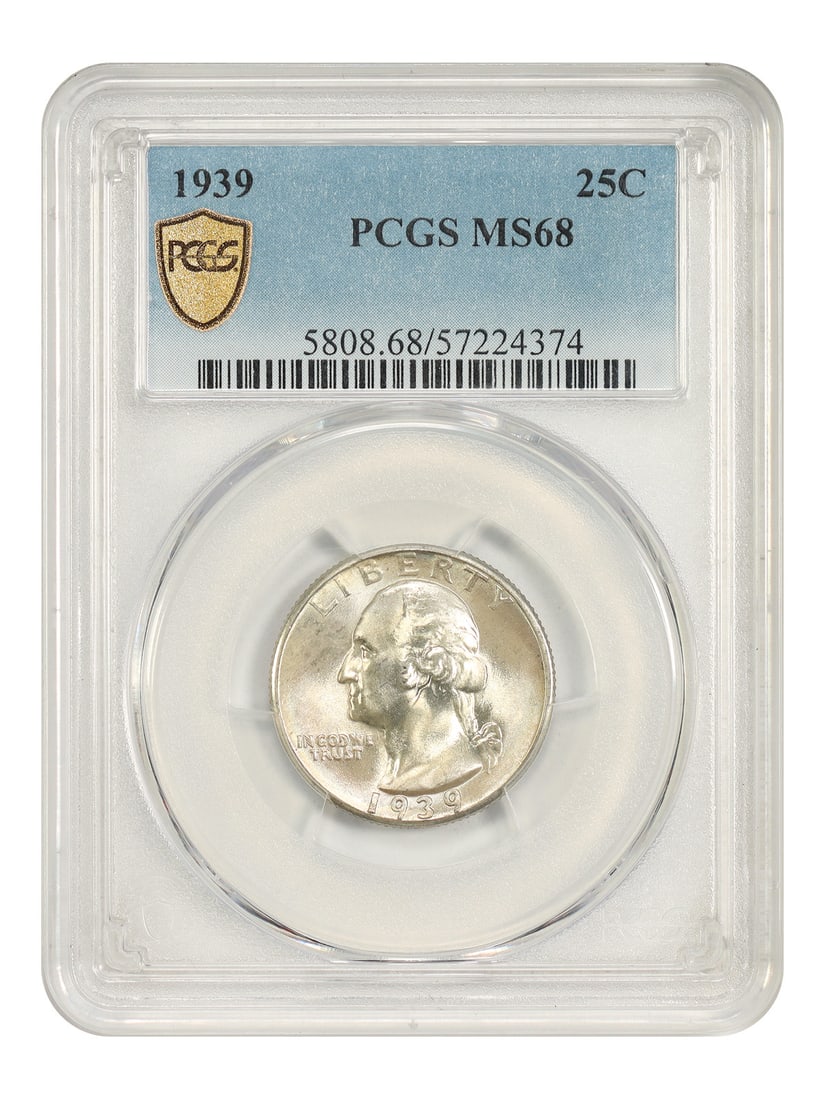 Quarter 25C MS68 PCGS Washington: Quarter 25C MS68 PCGS Washington MS68 PCGS certified, the 1939 Washington quarter boasts exceptional condition with minimal wear. This uncirculated coin showcases its original luster and mint state de