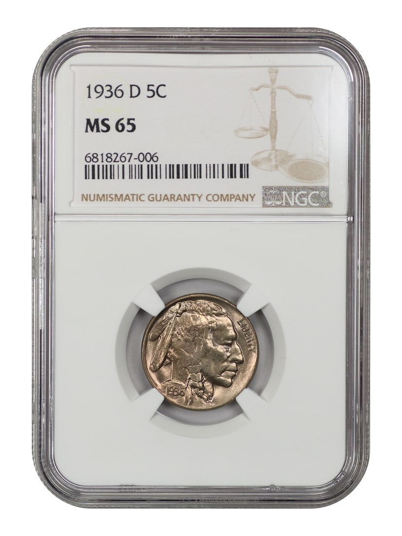 1936-D 5C NGC MS65: 1936-D 5C NGC MS65 The 1936-D 5C NGC MS65 is an uncirculated nickel with a high grade of 65, certified by the Numismatic Guaranty Corporation (NGC). This coin features the iconic Buffalo Nickel design