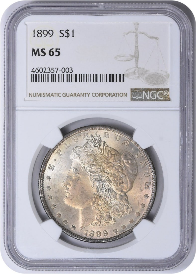 Morgan Silver Dollar MS65 NGC: Morgan Silver Dollar MS65 NGC The Morgan Silver Dollar MS65 NGC boasts exceptional condition, graded by the renowned Numismatic Guaranty Corporation. This 1899 coin features a striking design by Georg