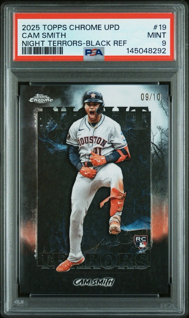 SMITH CAM PSA 9 RC/ 10 NIGHT TERRORS CHROME UPD BLACK REFRACTOR 2025 TOPPS: SMITH CAM PSA 9 RC/ 10 NIGHT TERRORS CHROME UPD BLACK REFRACTOR 2025 TOPPS SMITH CAM PSA 9 RC/ 10 NIGHT TERRORS CHROME UPD BLACK REFRACTOR 2025 TOPPS - A Rare MLB Baseball Card. This card features Cam