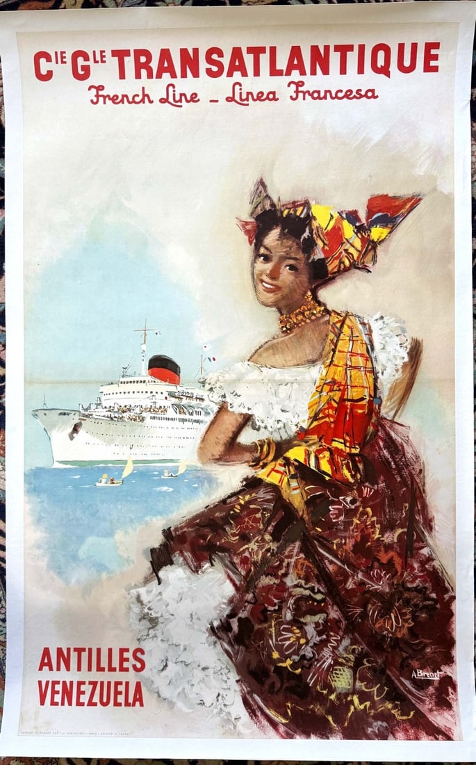 French Line By Brenot C1950 Cie Gle Transatlantique Cruise Line Cruise Travel: French Line By Brenot C1950 Cie Gle Transatlantique Cruise Line Cruise Travel Item Specifics: Artist: Brenot Unit Of Sale: Single Piece Size: Medium Color: Blue Date Of Creation: 1970c Material: Canva