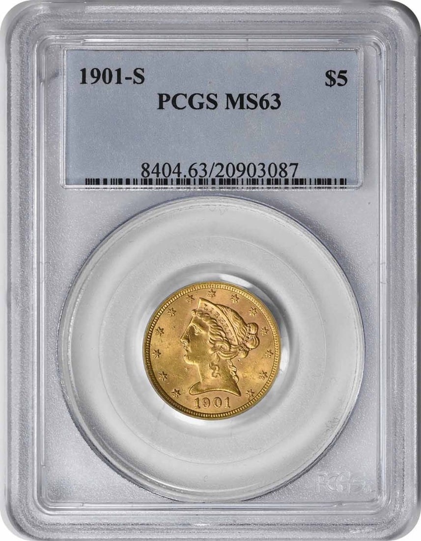 1901-S $5 Gold Liberty Head MS63 PCGS: 1901-S $5 Gold Liberty Head MS63 PCGS The 1901-S $5 Gold Liberty Head MS63 PCGS is a highly detailed and well-crafted coin, featuring the iconic Liberty Head design by Christian Gobrecht. With its ree