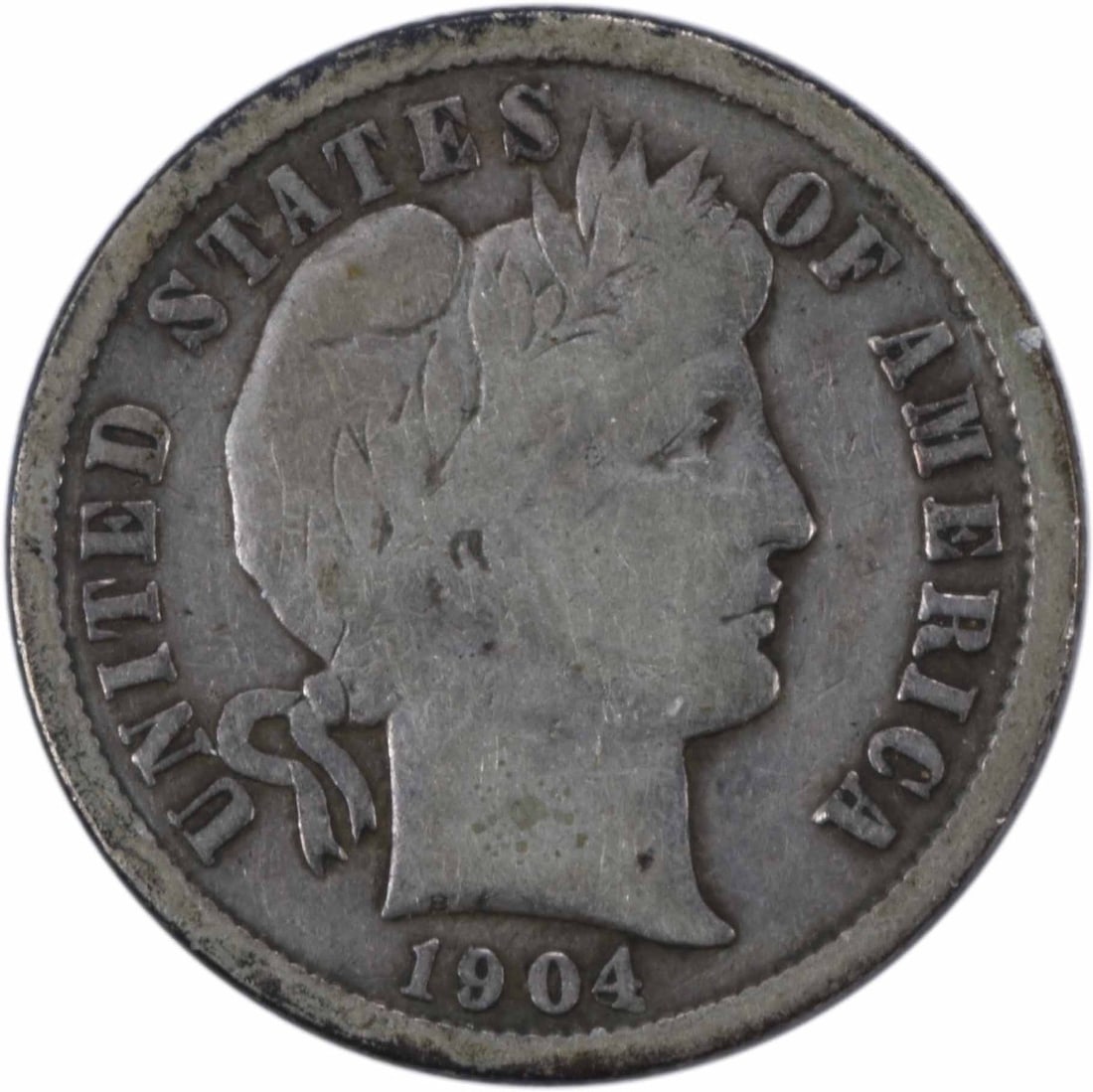 1904-S Barber Silver Dime F Uncertified: 1904-S Barber Silver Dime F Uncertified The 1904-S Barber Silver Dime F Uncertified boasts its striking reeded edge and classic design, crafted by renowned artist Charles E. Barber. Made from a rare c