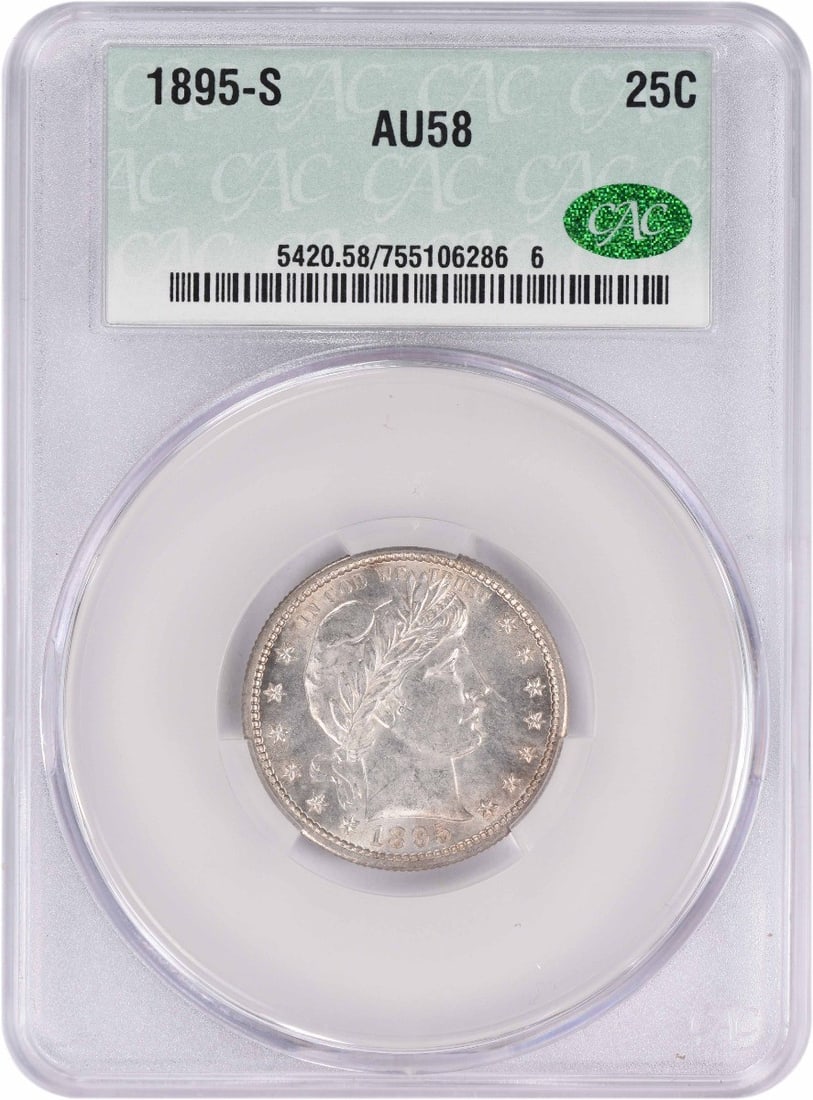 1895-S Barber Silver Quarter AU58 CACG: 1895-S Barber Silver Quarter AU58 CACG The 1895-S Barber Silver Quarter features a reeded edge and weighs 6.30 grams, making it a substantial coin in the hand. Certified by CACG as Circulated/Uncircul