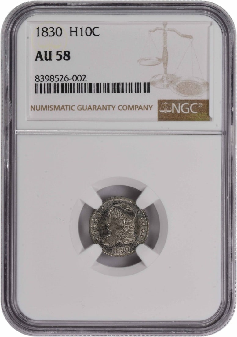 1830 Bust Silver Half Dime AU58 NGC: 1830 Bust Silver Half Dime AU58 NGC The 1830 Bust Silver Half Dime AU58 NGC boasts an impressive historical significance, bearing the mark of the Philadelphia mint and featuring a striking design by