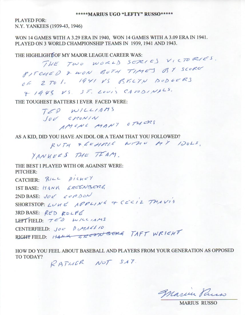 Marius Russo Autographed Hand Filled Out Survey Page (JSA): Marius Russo Autographed Hand Filled Out Survey Page (JSA) Marius Russo has added his personal touch to this hand-filled out survey page, signing it in blue pen across the front. The item comes with