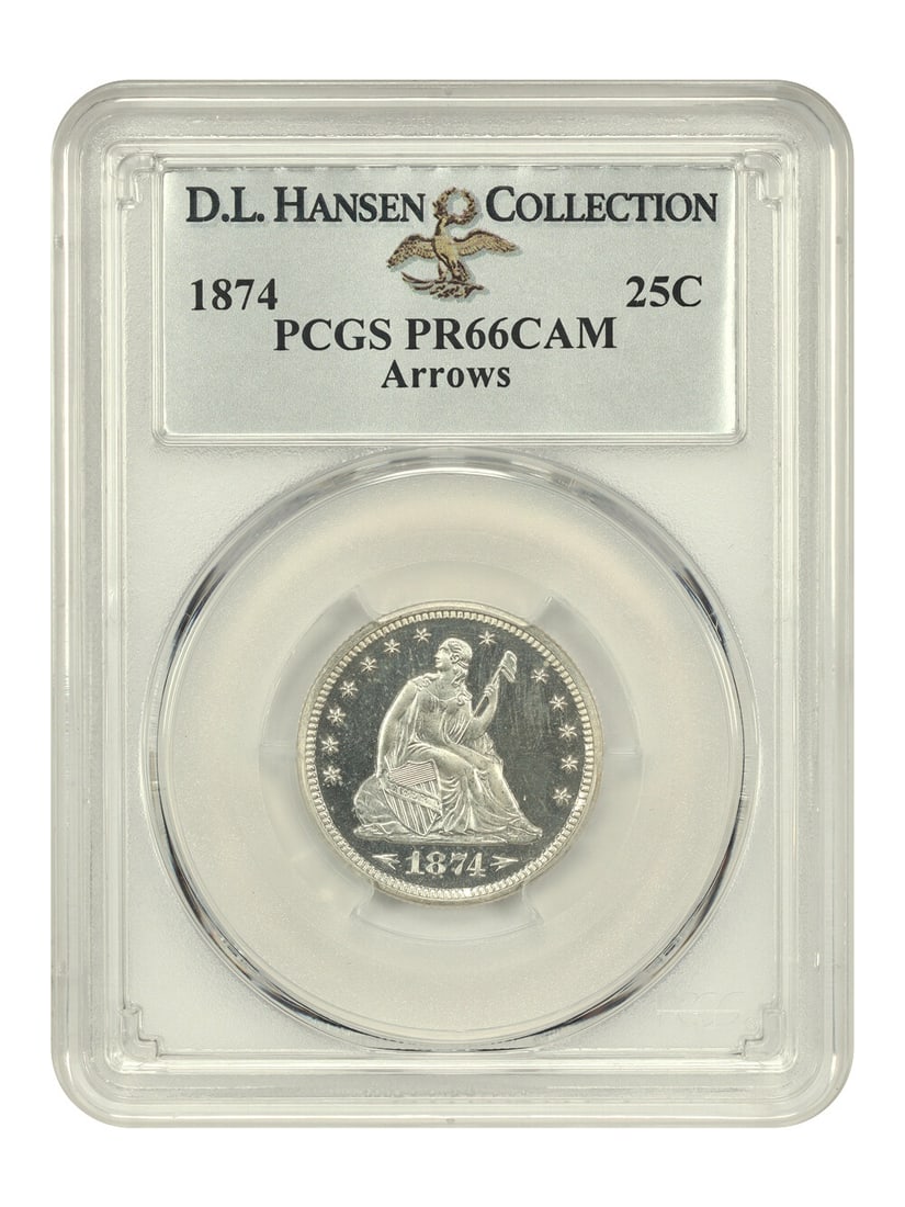 PCGS PR66CAM (Arrows) ex D.L. Hansen: PCGS PR66CAM (Arrows) ex D.L. Hansen PCGS PR66CAM (Arrows) ex D.L. Hansen - A highly graded uncirculated 1874 Liberty Seated Quarter, certified by PCGS with a grade of 66 and bearing the iconic CAM st