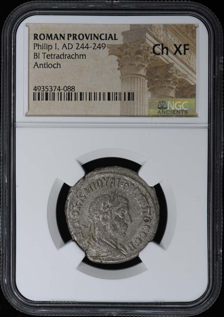 Philip I, AD 244-249 ROMAN PROVINCIAL BI Tetradrachm NGC XF45: Philip I, AD 244-249 ROMAN PROVINCIAL BI Tetradrachm NGC XF45 NGC XF45 graded Roman Provincial Bi Tetradrachm from AD 244-249, bearing the mark of Philip I's reign. This ancient coin showcases a well-
