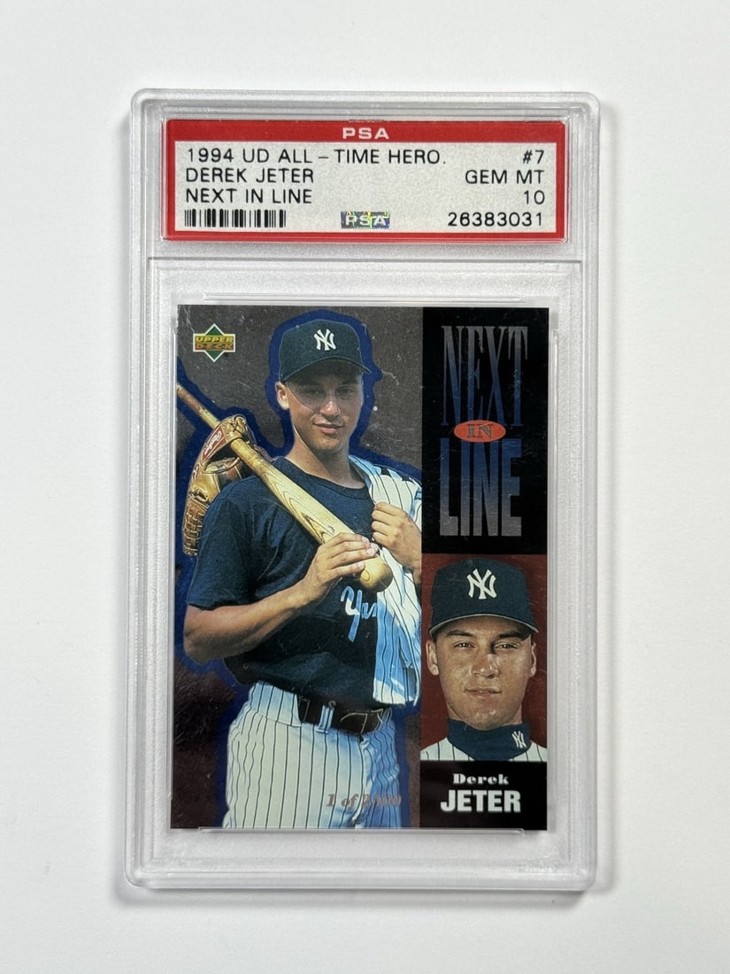 1994 UPPER DECK ALL-TIME HERO DEREK JETER #7 NEXT IN LINE PSA 10: 1994 UPPER DECK ALL-TIME HERO DEREK JETER #7 NEXT IN LINE PSA 10 PSA 10 graded, the 1994 Upper Deck All-Time Heroes Derek Jeter #7 card boasts exceptional condition and rarity. As one of the most icon