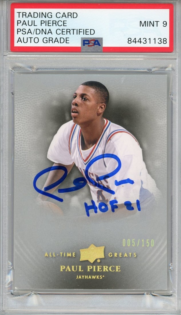 Paul Pierce "HOF 21" Autographed 2013 Upper Deck Card (PSA Mint 9): Paul Pierce "HOF 21" Autographed 2013 Upper Deck Card (PSA Mint 9) Paul Pierce's Hall of Fame 2013 Upper Deck Card features his signature in blue sharpie, inscribed with the iconic "HOF 21" phrase. Th