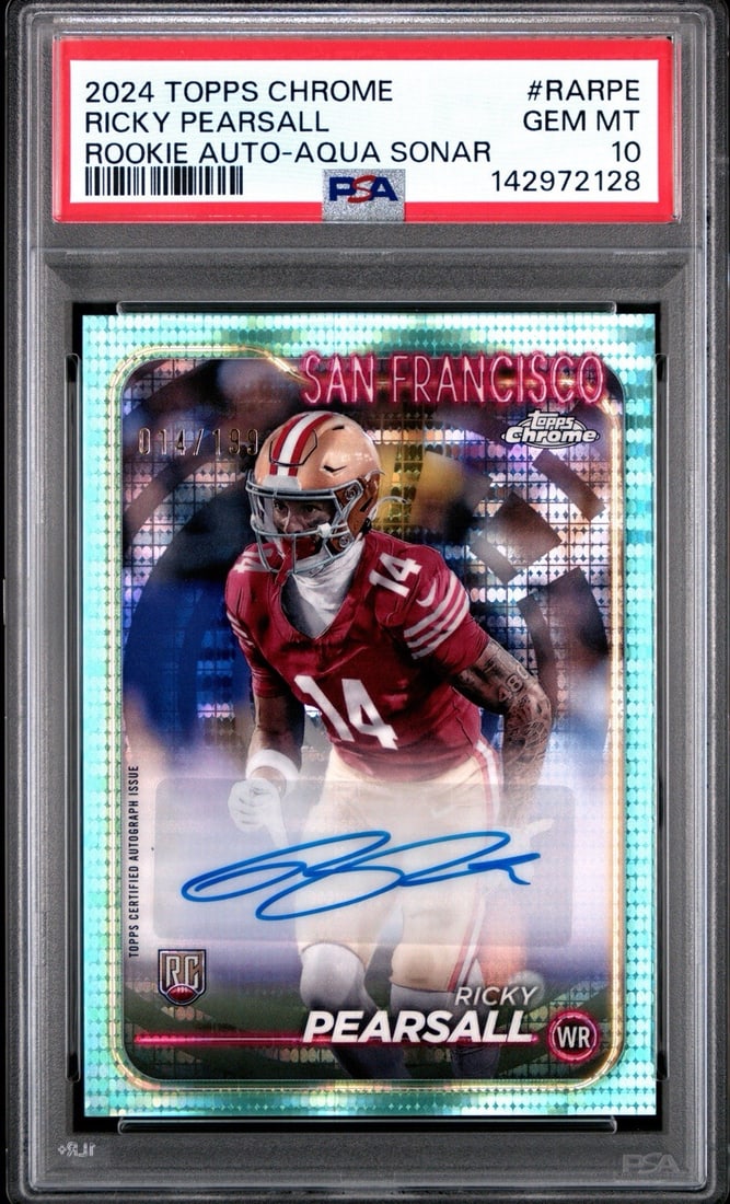 CHROME RICKY PEARSALL 2024 TOPPS #RARPE AQUA AUTO PSA 10: CHROME RICKY PEARSALL 2024 TOPPS #RARPE AQUA AUTO PSA 10 PSA 10 graded Aqua Auto, featuring Ricky Pearsall's signature on a 2024 Topps Chrome card. This Standard size autographed card is from the Nati