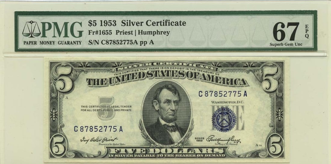 1953 $5 Silver Certificate Fr# 1655 PMG Superb Gem67 EPQ: 1953 $5 Silver Certificate Fr# 1655 PMG Superb Gem67 EPQ This 1953 $5 Silver Certificate features a Superb Gem67 grade, certified by PMG as MS67, indicating its exceptional condition. The EPQ designat