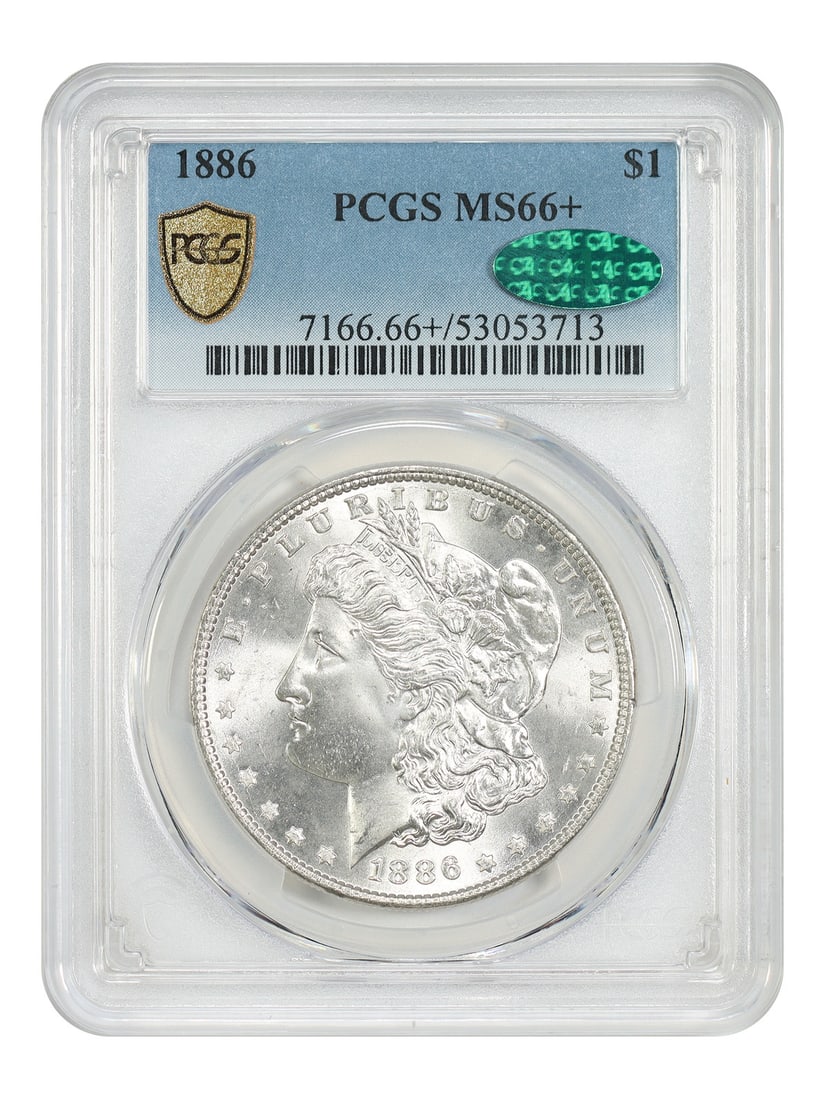 1886 $1 PCGS/ CAC MS66+ - Morgan Dollar - Popular Collector Date: 1886 $1 PCGS/ CAC MS66+ - Morgan Dollar - Popular Collector Date The 1886 $1 MS66+ Morgan Dollar, certified by PCGS and CAC, boasts exceptional grade and striking details from its Philadelphia mint. T