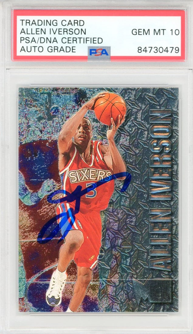 Fleer Metal Card PSA Mt 10 Iverson Autographed 1996-97 Allen: Fleer Metal Card PSA Mt 10 Iverson Autographed 1996-97 Allen Signed in blue sharpie across the front of the card, this 1996-97 Fleer Metal Card #201 features an autograph from Allen Iverson. The card