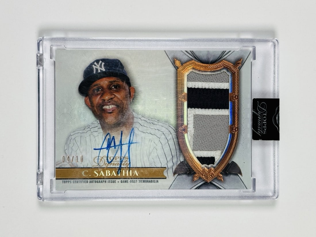 2024 TOPPS DYNASTY CC SABATHIA #DAP-SCA3 DYNASTIC DEED GAME WORN PATCH AUTO/ 10: 2024 TOPPS DYNASTY CC SABATHIA #DAP-SCA3 DYNASTIC DEED GAME WORN PATCH AUTO/ 10 CC Sabathia's #DAP-SCA3 DYNASTIC DEED game-worn patch auto/10 features an original hard signed print from the 2024 Topps