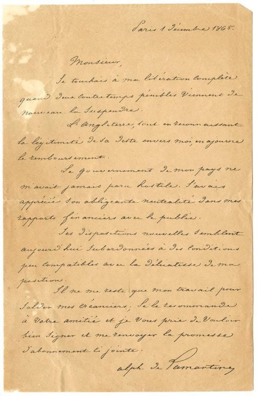 Alphonse de Lamartine Antique Handwritten Letter French Romantic Poet (1 of 1)