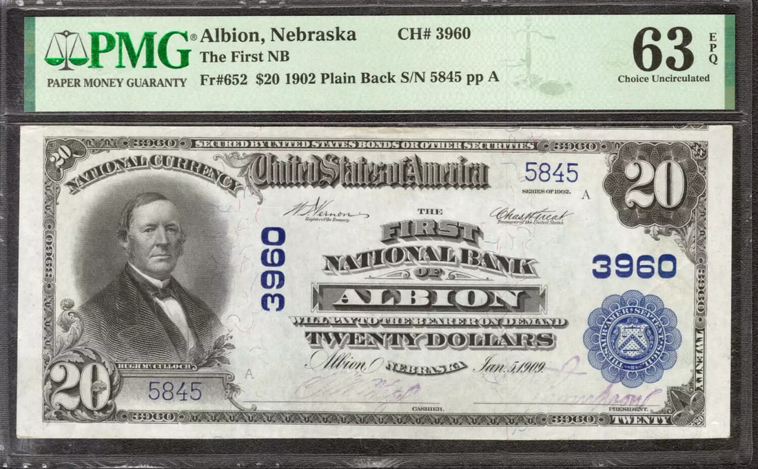 1902 $20 FIRST NATIONAL BANKNOTE CURRENCY FR.652 ALBION NEBRASKA PMG 63 CU (845): 1902 $20 FIRST NATIONAL BANKNOTE CURRENCY FR.652 ALBION NEBRASKA PMG 63 CU (845) This 1902 $20 First National Banknote features a unique serial number, 5845, and bears the PMG 63 certification. Issued