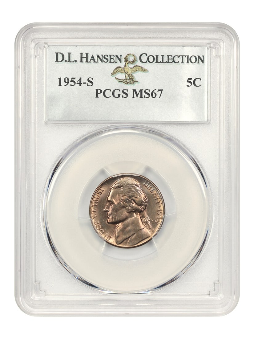 1954-S 5c PCGS MS67 ex: D.L. Hansen: 1954-S 5c PCGS MS67 ex: D.L. Hansen The 1954-S Jefferson Nickel graded MS67 by PCGS is a highly detailed and well-preserved coin, showcasing exceptional mint state condition. Certified as uncirculated