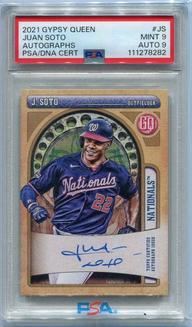 Juan Soto 2021 Topps Gypsy Queen Autographed Card #GQA JS PSA Graded 9 10: Juan Soto 2021 Topps Gypsy Queen Autographed Card #GQA JS PSA Graded 9 10 The Juan Soto 2021 Topps Gypsy Queen Autographed Card #GQA-JS, graded by PSA to an impressive 9.10, showcases the talented
