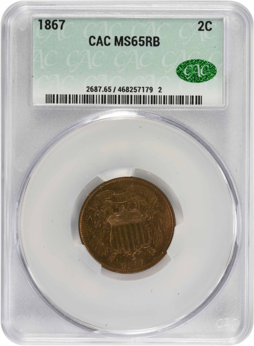 1867 Two Cent Piece MS65RB CACG: 1867 Two Cent Piece MS65RB CACG The 1867 Two Cent Piece MS65RB CACG is an exceptionally preserved example, boasting a high grade and notable certification. This uncirculated coin features a rich histo