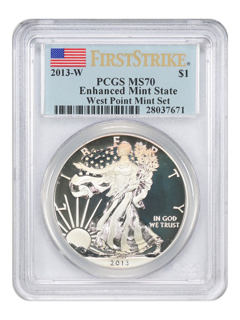 2013-W $1 Silver Eagle PCGS Enhanced MS70 (West Point Mint Set, First Strike): 2013-W $1 Silver Eagle PCGS Enhanced MS70 (West Point Mint Set, First Strike) 2013-W $1 Silver Eagle PCGS Enhanced MS70 boasts an uncirculated grade from the Philadelphia Mint, certified by the presti