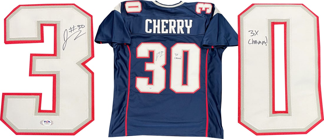 Champs 3x New England Patriots Jersey Autographed by Je'Rod Cherry: Champs 3x New England Patriots Jersey Autographed by Je'Rod Cherry PSA-verified, Je'Rod Cherry's "3x Champs" inscription adorns this authentic New England Patriots jersey, signed in black sharpie acro