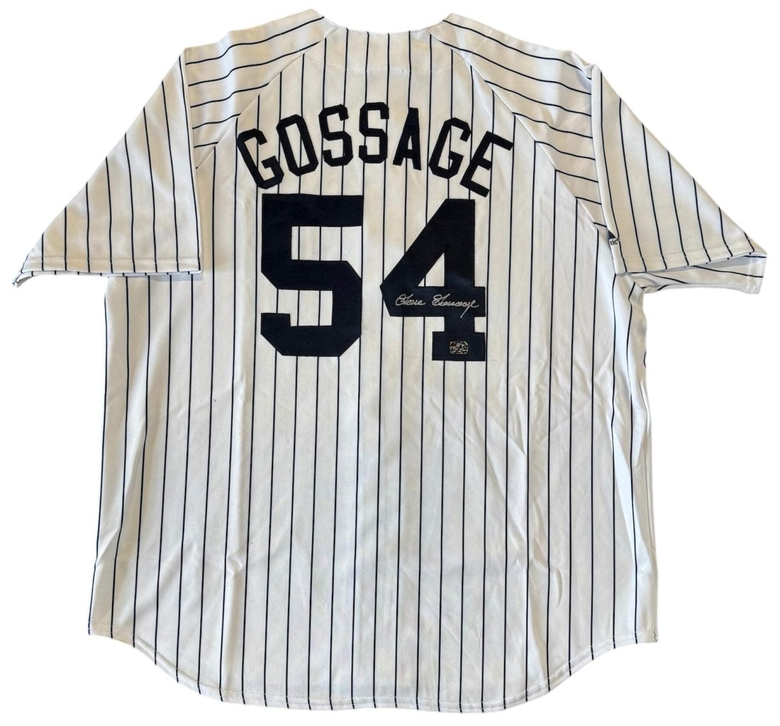 Majestic Pinstripe Jersey Autographed By Goose Gossage: Majestic Pinstripe Jersey Autographed By Goose Gossage Majestic pinstripe jersey signed by Goose Gossage in silver sharpie across the back. This authentic jersey comes with a certificate of authentici