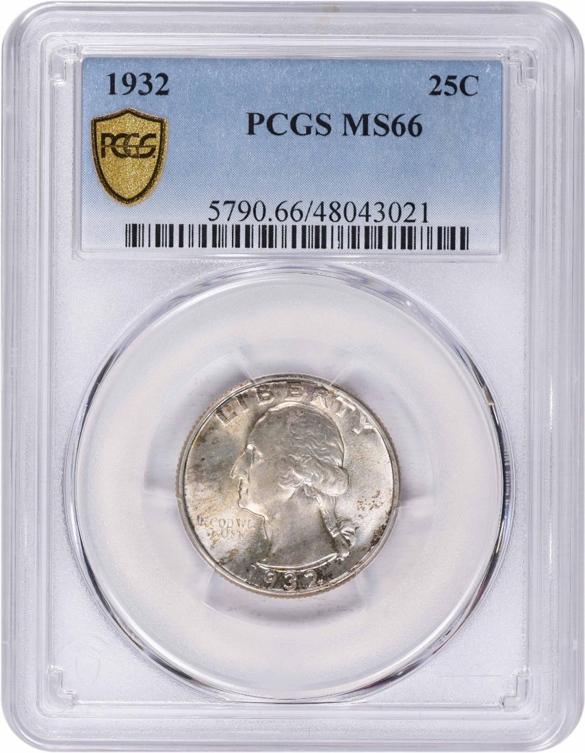 1932 Washington Silver Quarter MS66 PCGS: 1932 Washington Silver Quarter MS66 PCGS MS66 graded Washington Quarter from 1932, certified by PCGS, boasts exceptional condition with its reeded edge and 90% silver composition. This circulated unci