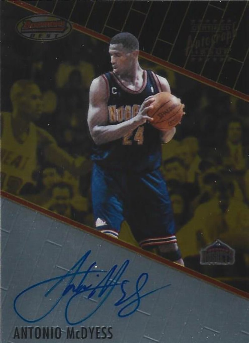 Bowman's best card by Antonio McDyess autographed: Bowman's best card by Antonio McDyess autographed Antonio McDyess' Bowman's Best Card features his autograph, making it a unique collectible for basketball enthusiasts. This card showcases the talente