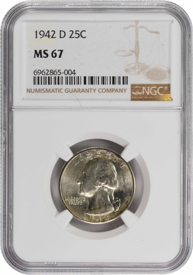 MS67 NGC Washington Quarter 1942-D Silver: MS67 NGC Washington Quarter 1942-D Silver MS67 NGC Washington Quarter 1942-D Silver features an uncirculated condition, boasting a high grade of MS67. This coin was minted in Denver and contains 90% s