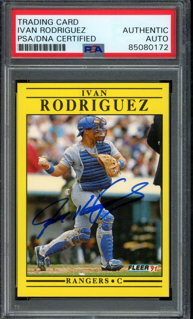 Ivan Rodriguez HOF Autographed 1991 Fleer Rookie Card #U-62 Rangers PSA/ DNA 2: Ivan Rodriguez HOF Autographed 1991 Fleer Rookie Card #U-62 Rangers PSA/ DNA 2 Signed by Ivan Rodriguez, the iconic catcher who led the Texas Rangers to multiple championships. This 1991 Fleer Rookie 