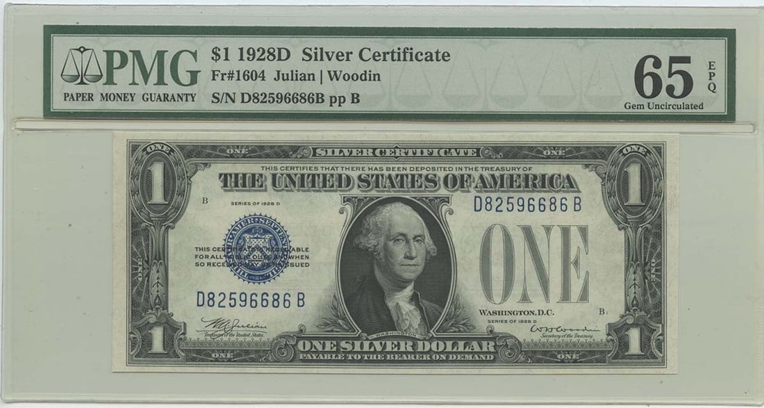 Silver Cert $1 1928D Fr#1604 65 Gem Epq Unc: Silver Cert $1 1928D Fr#1604 65 Gem Epq Unc MS65 Gem Epq Unc, the 1928D Silver Certificate features a stunning example of circulated and uncirculated currency with exceptional mint state quality. This