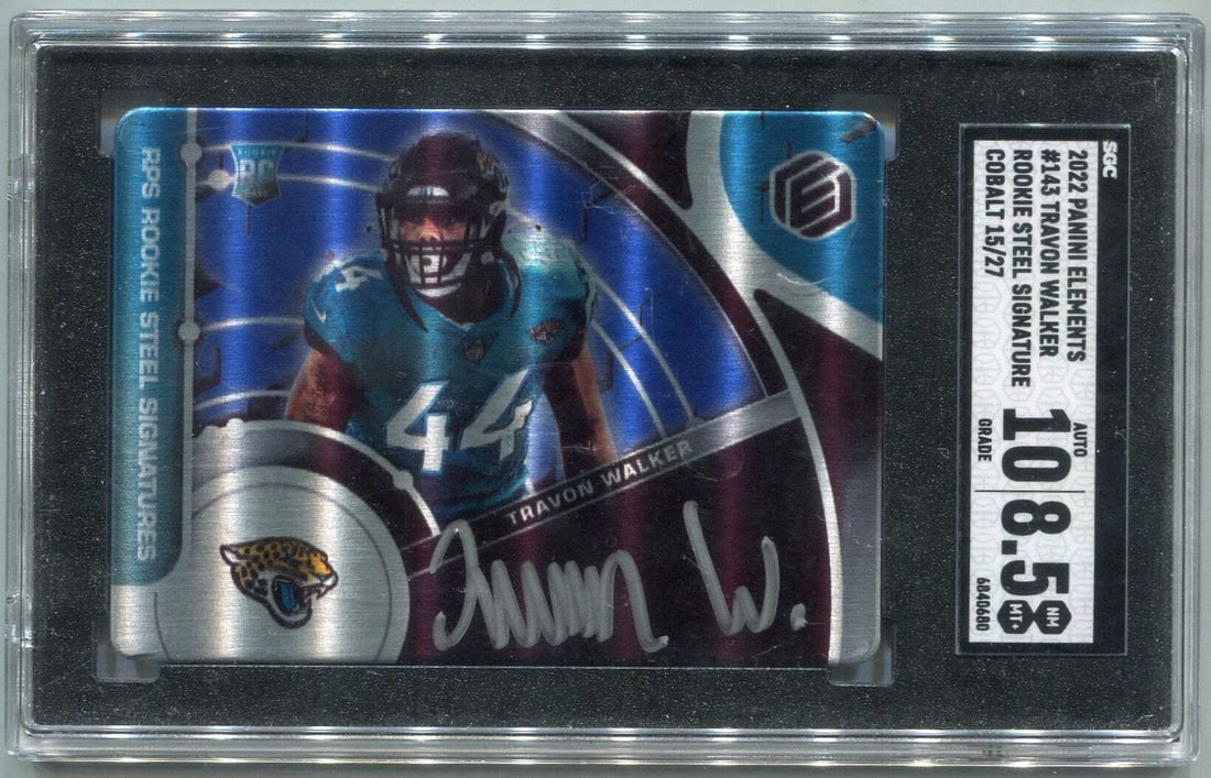 Travon Walker 2022 Panini Elements Rookie Steel Signatures Autographed RC #143 1: Travon Walker 2022 Panini Elements Rookie Steel Signatures Autographed RC #143 1 Travon Walker's 2022 Panini Elements Rookie Steel Signatures Autographed RC #143 features his signature, graded by SGC 