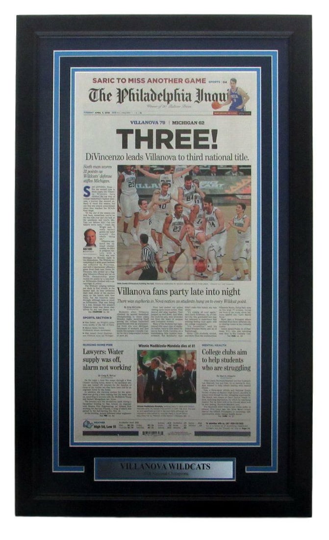 Natl Champs Villanova 3 Time Framed Newspaper 148203 Philadelphia: Natl Champs Villanova 3 Time Framed Newspaper 148203 Philadelphia Item Specifics: League: NCAA Product: Frame - Unsigned Team: Villanova Wildcats Original/Reprint: Original Signed: No Product Disclaim