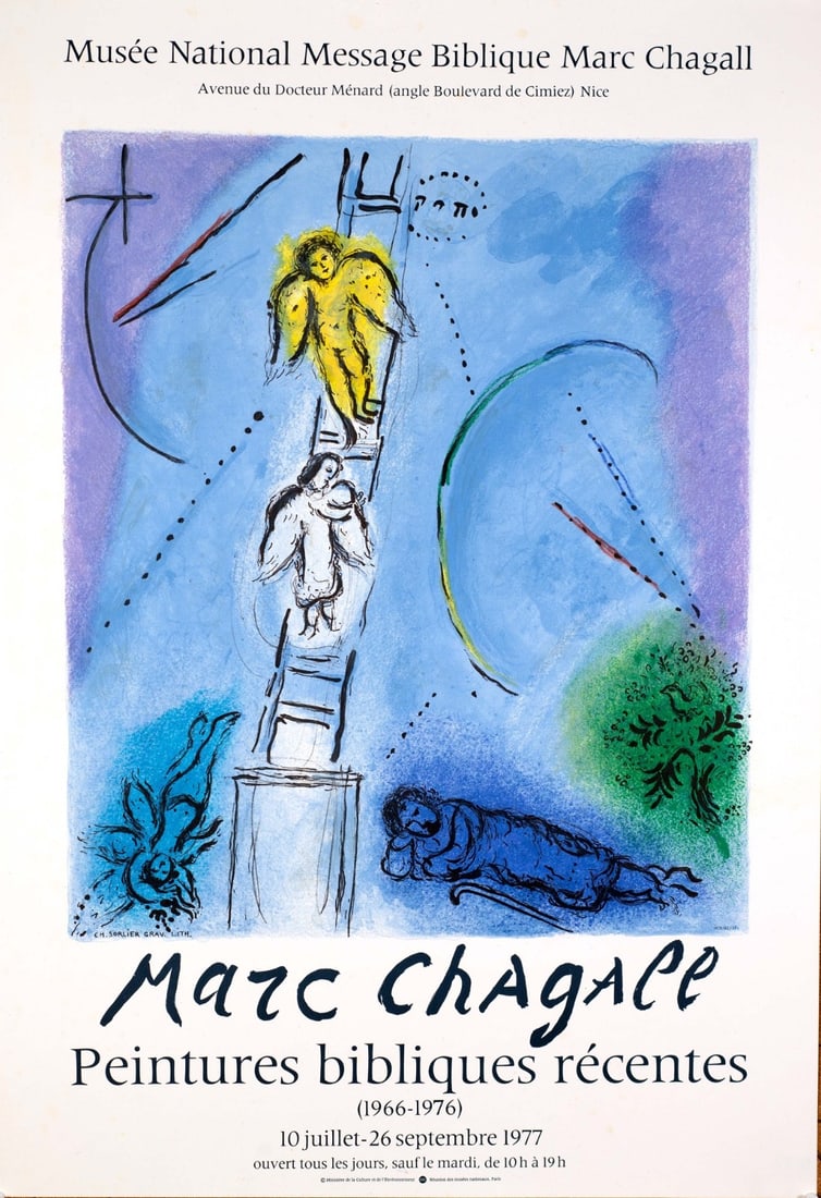 Jacobs Ladder Marc Chagall 1977 Vintage French Galerie Poster Stone Lithograph: Jacobs Ladder Marc Chagall 1977 Vintage French Galerie Poster Stone Lithograph Item Specifics: Artist: Marc Chagall Unit Of Sale: Single Piece Size: Small Color: Blue Date Of Creation: 1977 Material: 